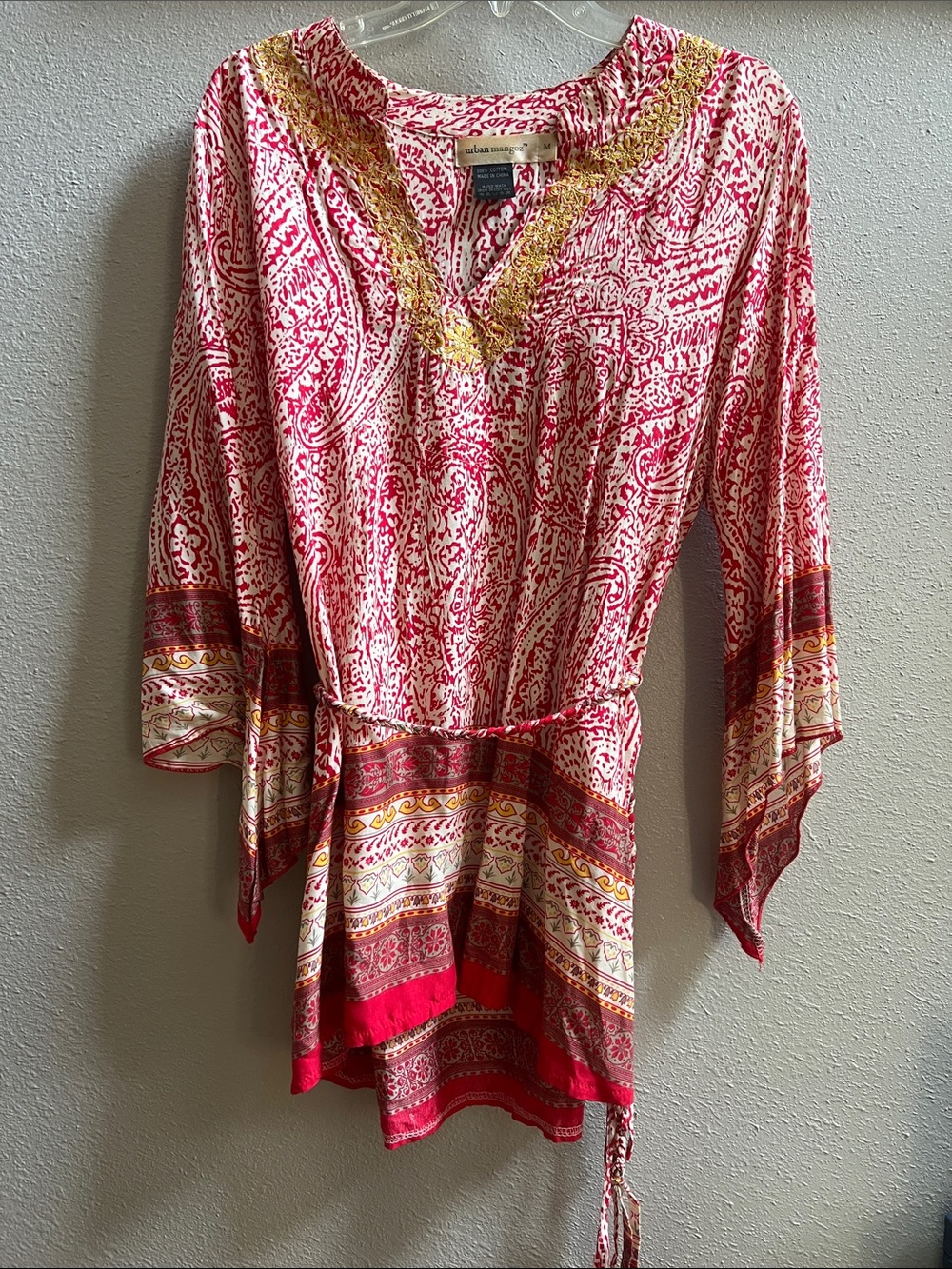 Embroidered V-Neck Paisley Tunic in Red and Gold